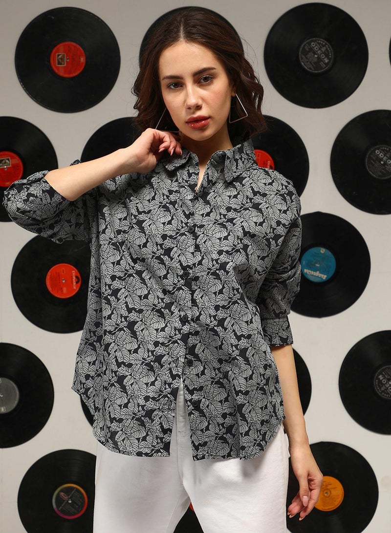Campus Sutra Women's Moon Grey:Onyx Black Contrast Foliage Oversized Shirt For Casual Wear | Spread Collar | Long Sleeves | Button Closure | Oversized Shirt Crafted With Comfort Fit For Everyday Wear - Image 2